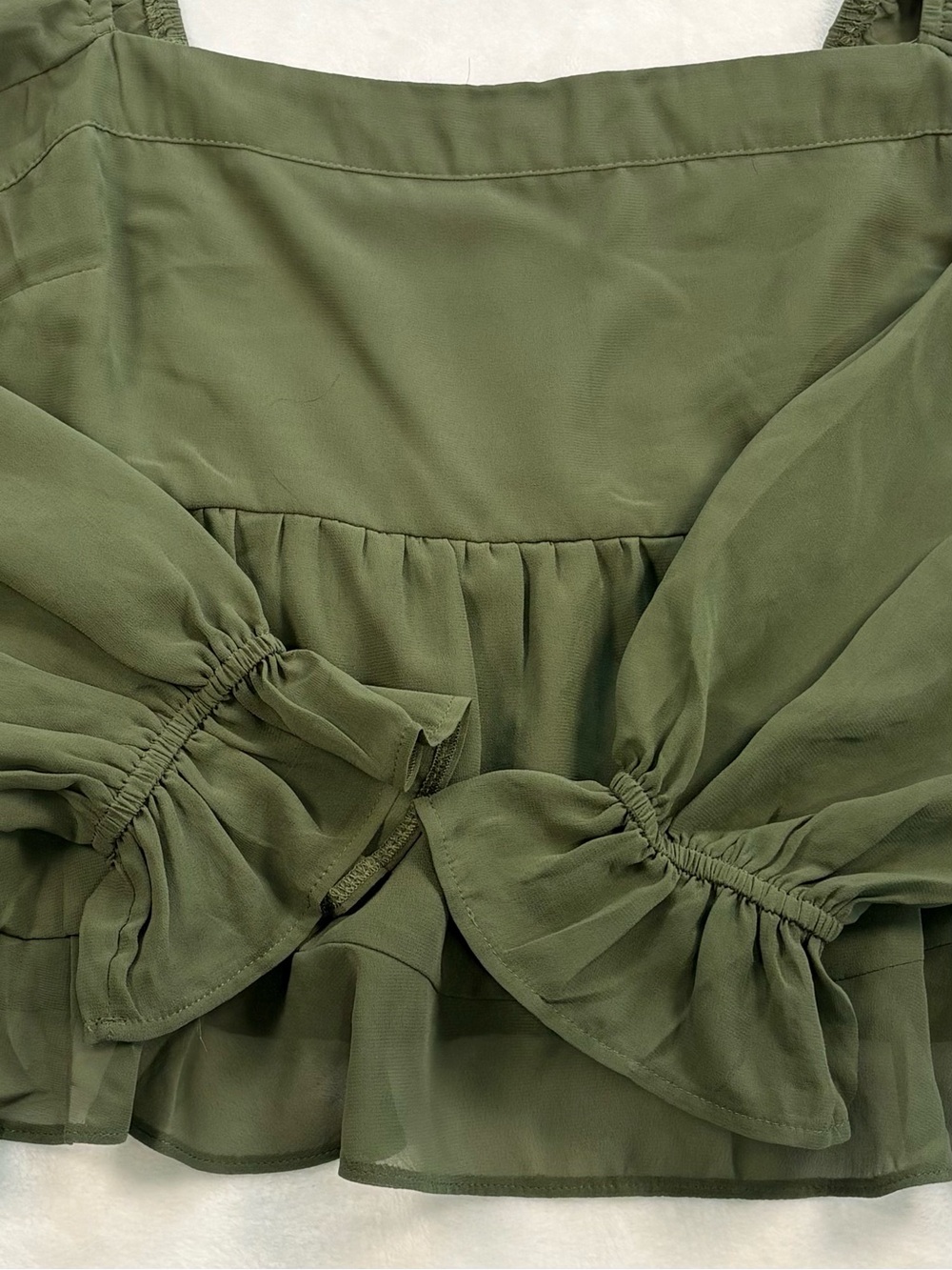ABERCROMBIE & FITCH Olive Green Smocked Babydoll Blouse Large Square Neck Top - Picture 7 of 8